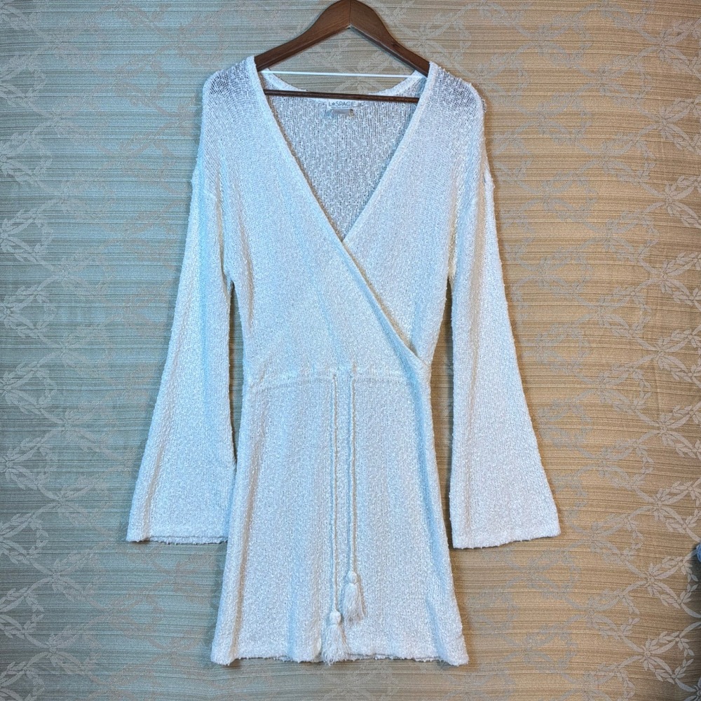 L*Space Knit Wrap Mini Dress Womens M White Excellent Long Bell Sleeve Tassel